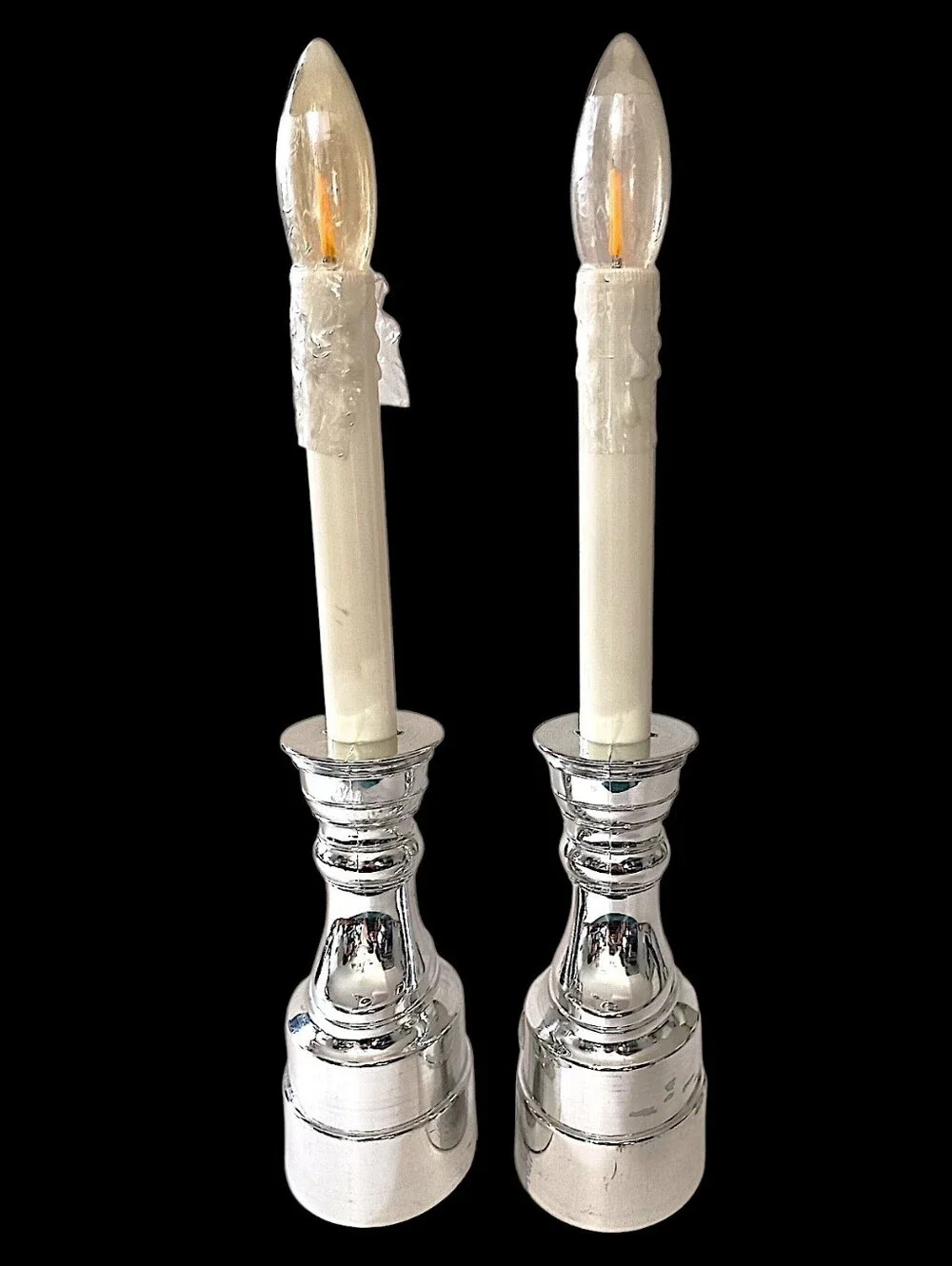 2 Vintage Bethlehem Lights Candles Battery Operated Taper Timer Silver Tone